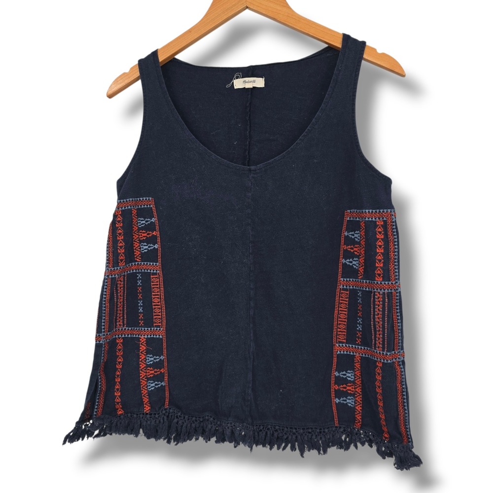 Madewell Navy Blue Embroidered Fringe Tank Top Small‎ Boho Cotton Scoop Neck